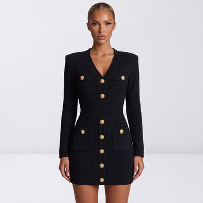 Balmain black fitted knit dress with gold buttons and patch pockets