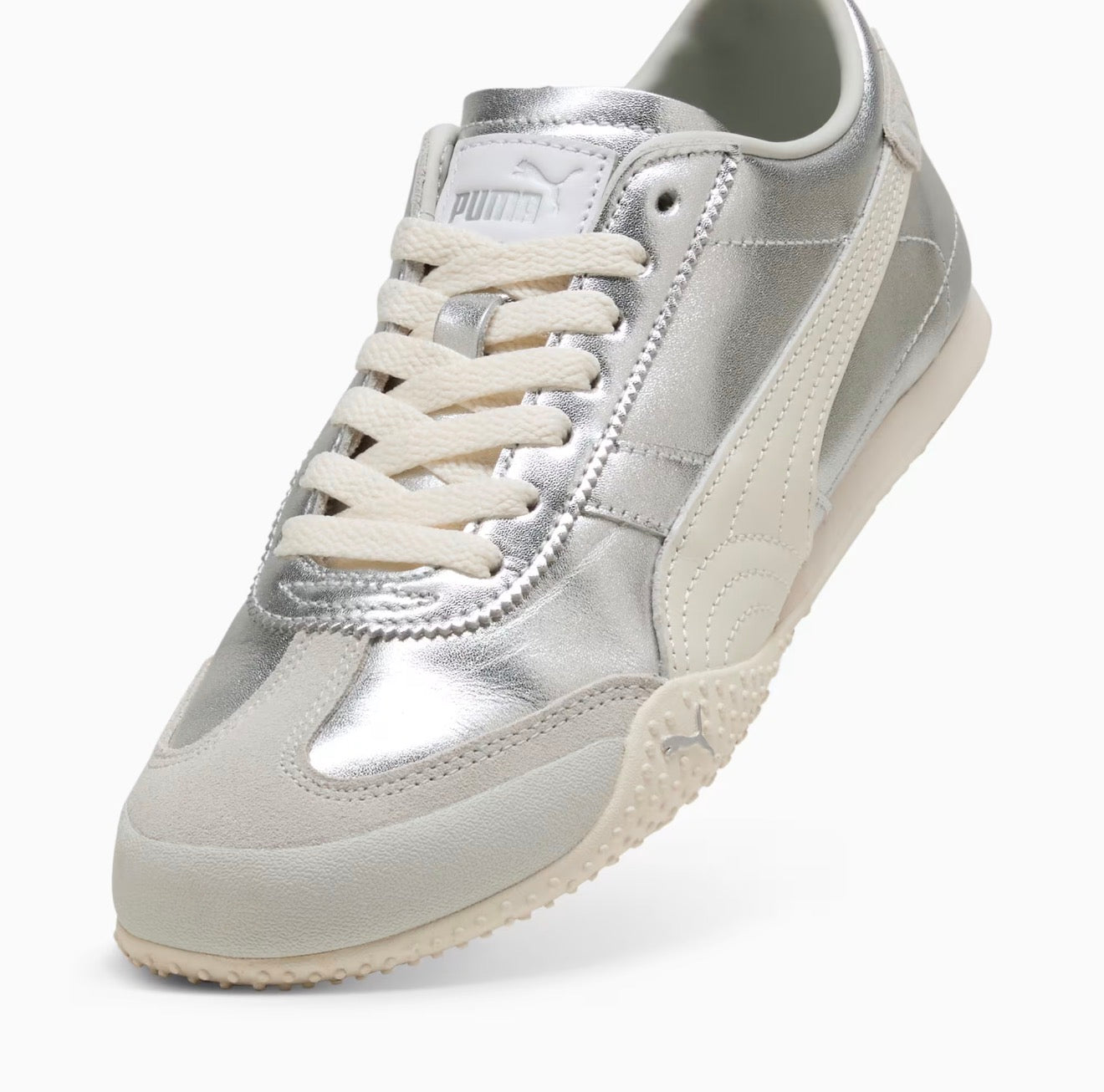 Puma low-profile silver metallic trainer with cream formstrip and textured off-white sole