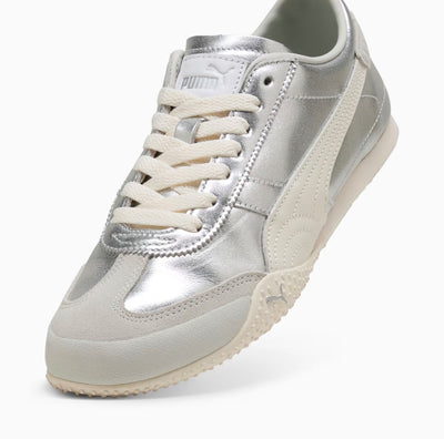 Puma low-profile silver metallic trainer with cream formstrip and textured off-white sole