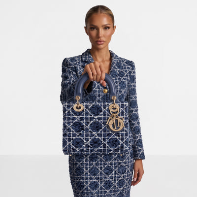 Dior Lady D-Lite small blue tweed tote with rounded leather handles and gold Dior charms