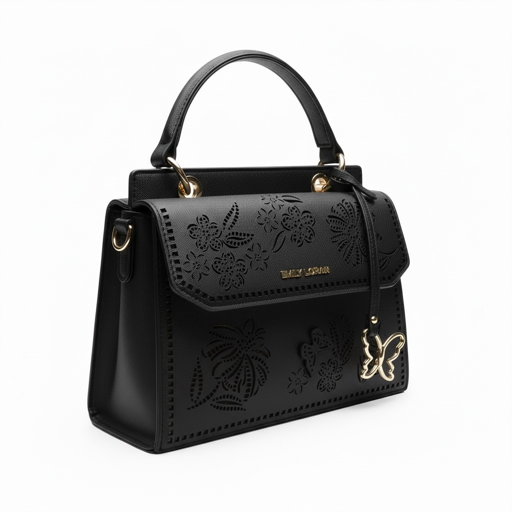 Emily Loran Black Laser-Cut Floral Handbag 🖤👜✨