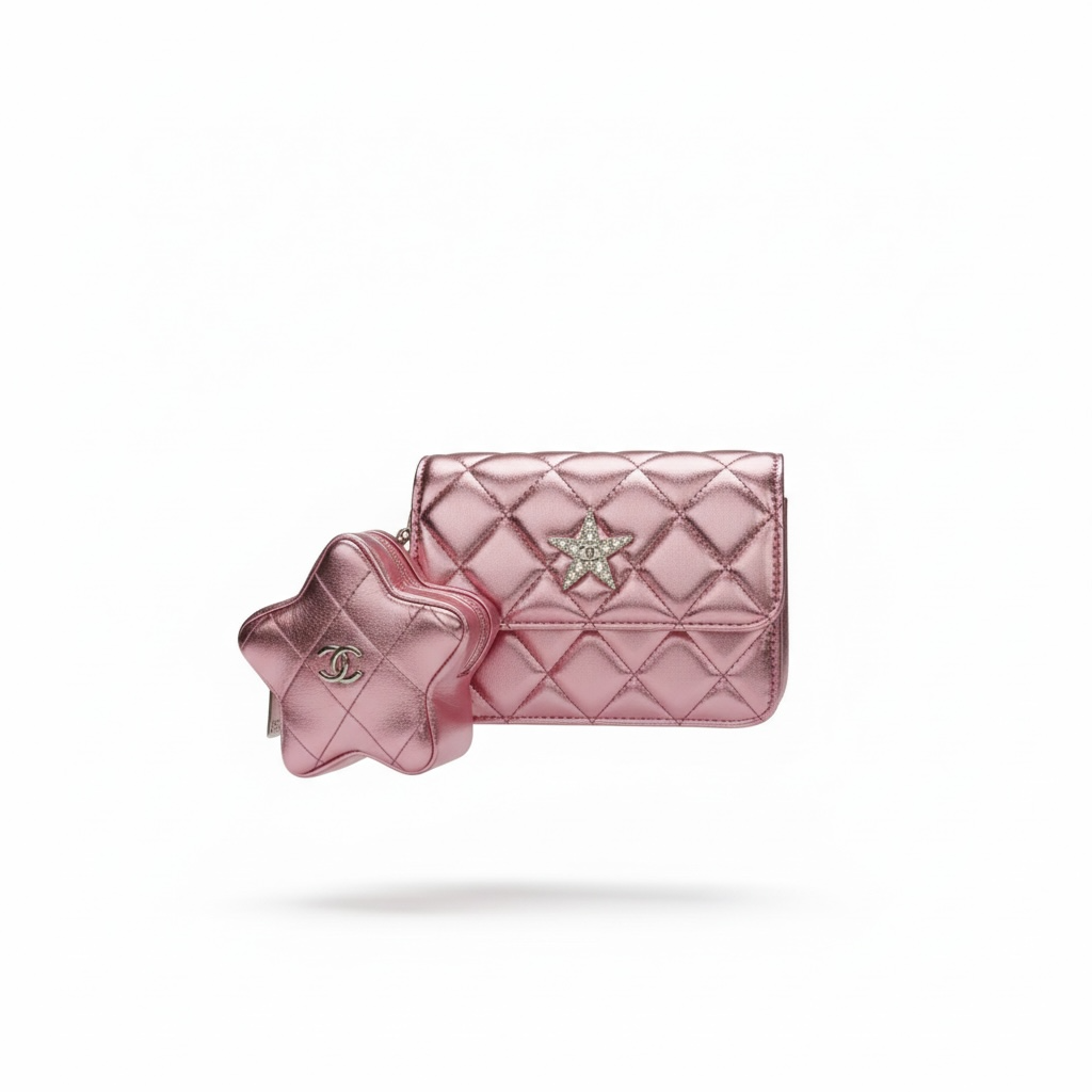Chanel Quilted Metallic Pink Mini Flap Set – Star Detail & Matching Pouch 💗✨