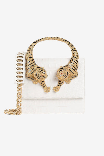 ROBERTO CAVALLI Tiger Handle  Bag – White Gold 🐅✨ | Statement Luxury Piece