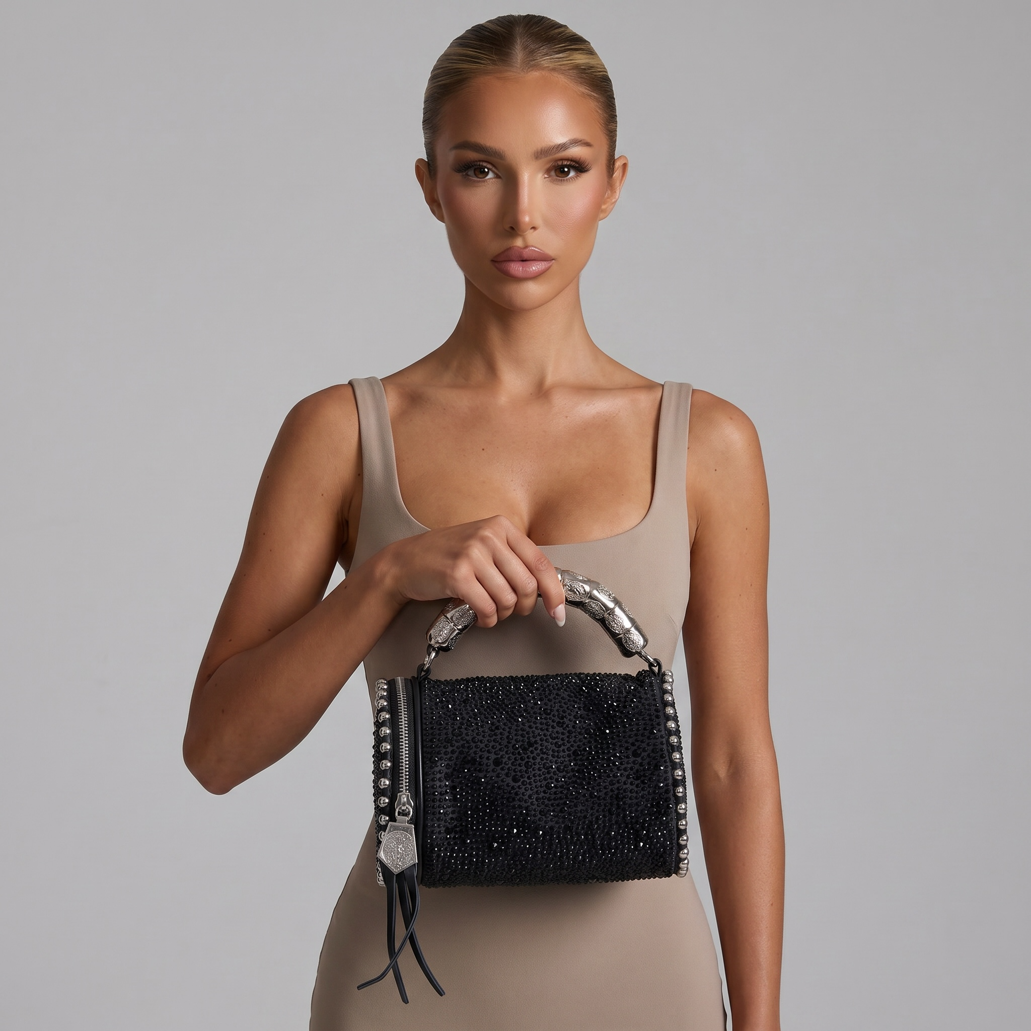 ✨ Midnight Crystal Barrel Bag – Luxury Rhinestone Evening Handbag