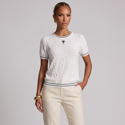 🤍 Christian Dior Textured Knit Short Sleeve Top – White ( one size)