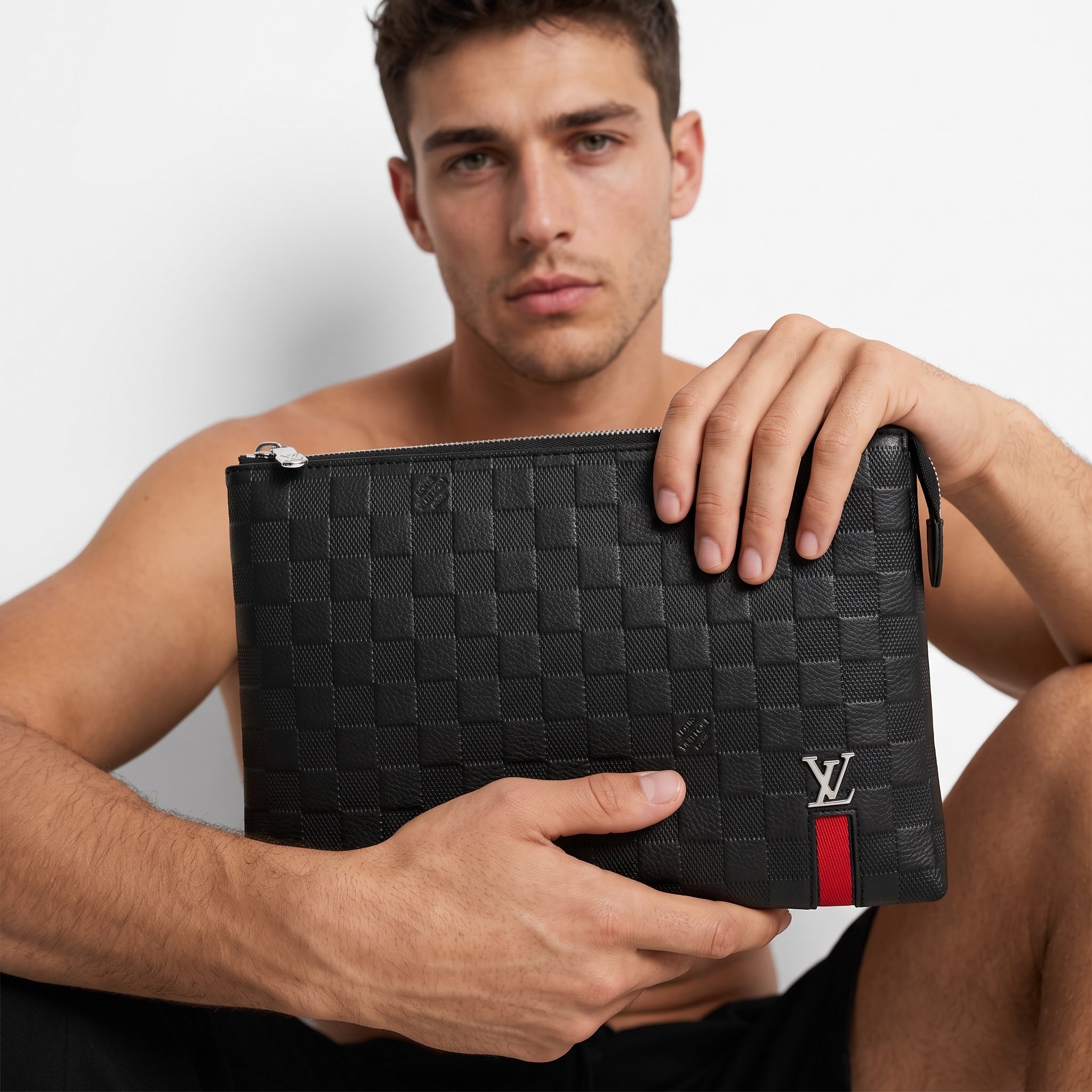 Black Louis Vuitton Damier check pouch with red stripe and LV logo