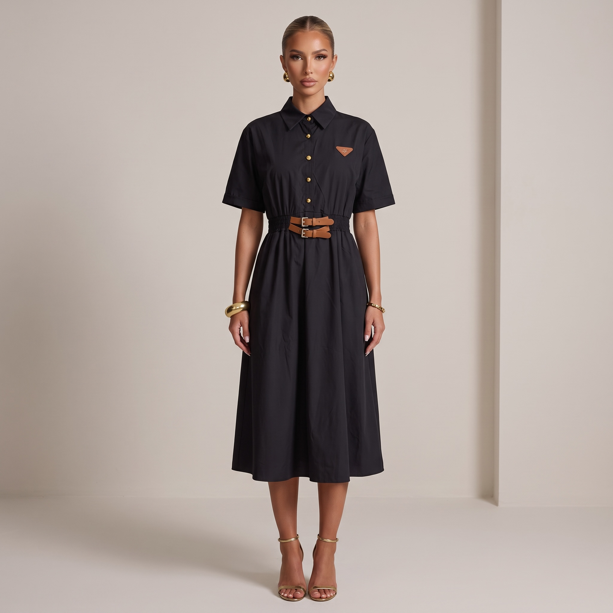 🖤 Prada Belted Shirt Midi Dress – Black one size