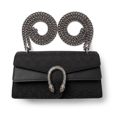 Gucci Dionysus black GG canvas mini flap bag with double tiger-head hardware and chain strap