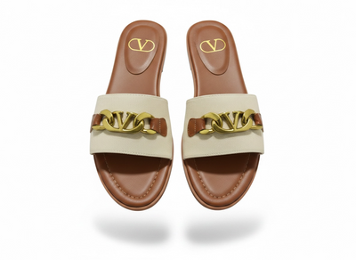 Valentino VLogo Slide Sandals 🤎✨ Gold Chain Edition