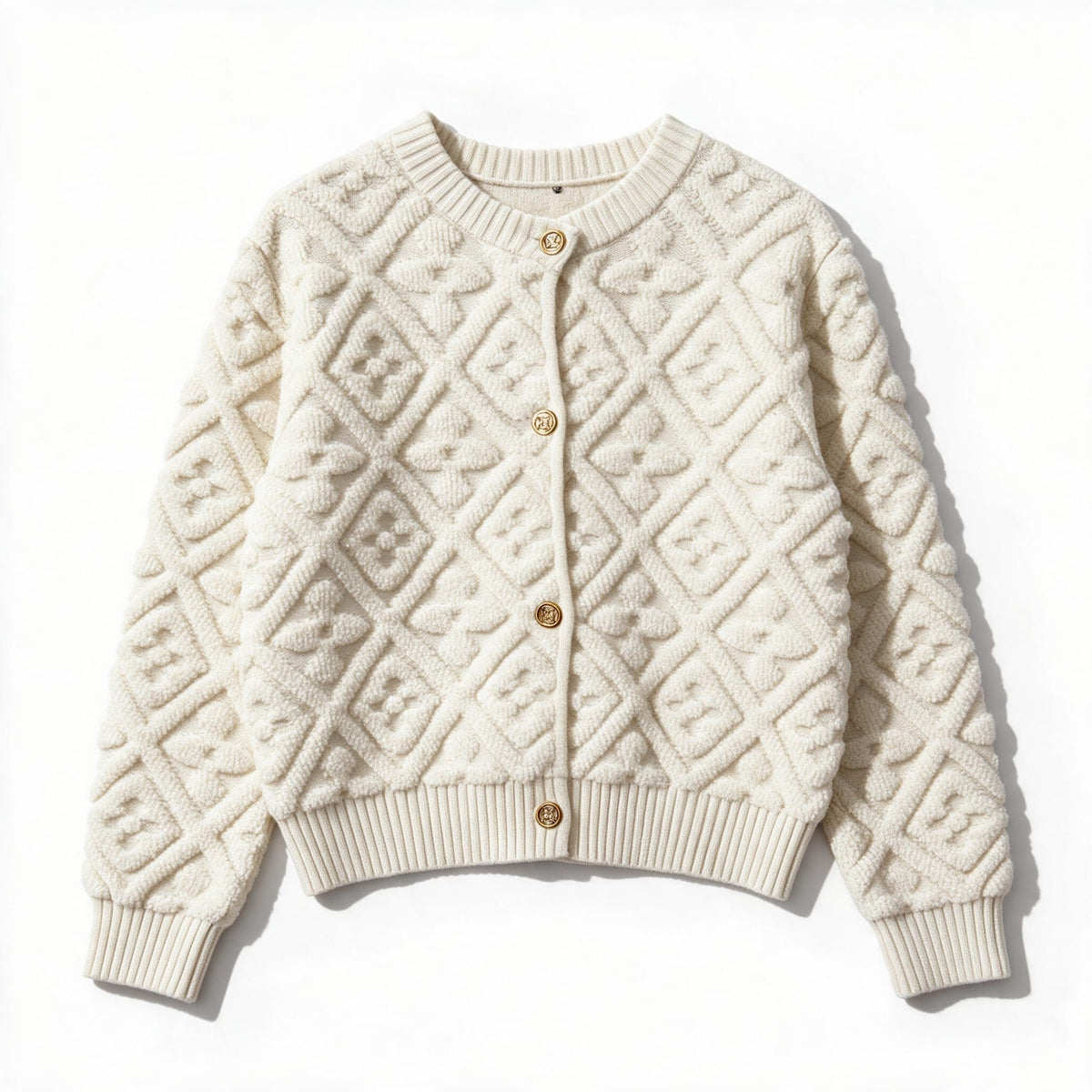 Cream quilted cropped cardigan with gold crest buttons and ribbed hem