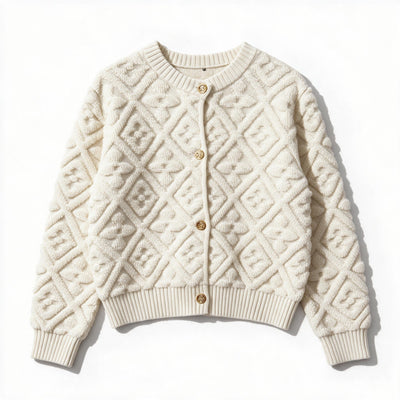 Cream quilted cropped cardigan with gold crest buttons and ribbed hem