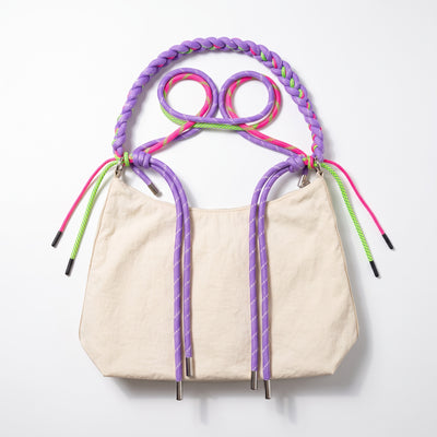 cream beige tote bag with braided purple rope strap and neon green pink cords