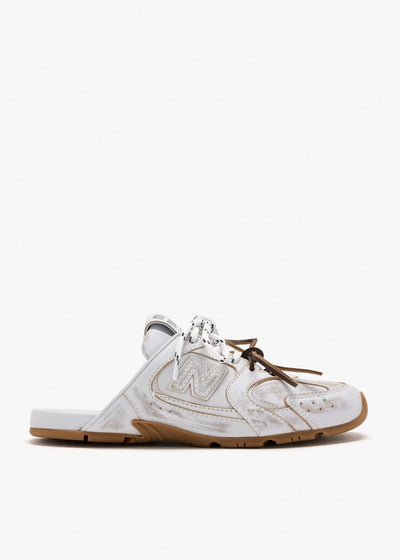 Miu Miu x New Balance white mule sneakers with gum sole and mixed laces