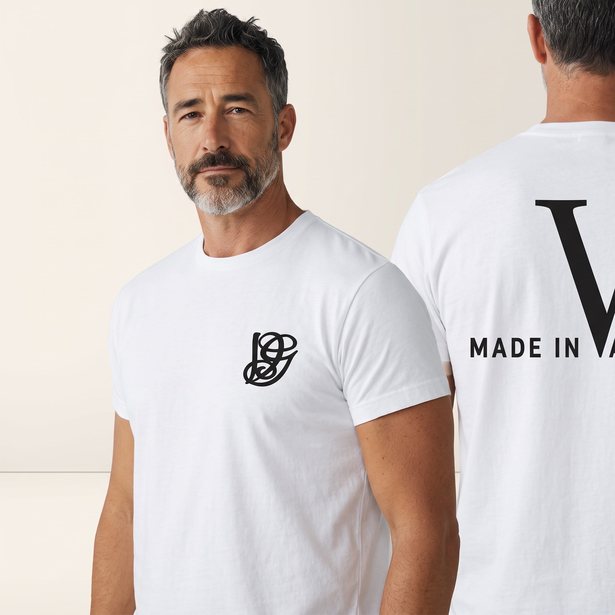 White Valentino T-shirt with small black chest monogram and large black V with MADE IN VALENTINO on back