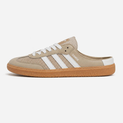Adidas Samba Mule backless sneaker in sand beige with white stripes and gum sole