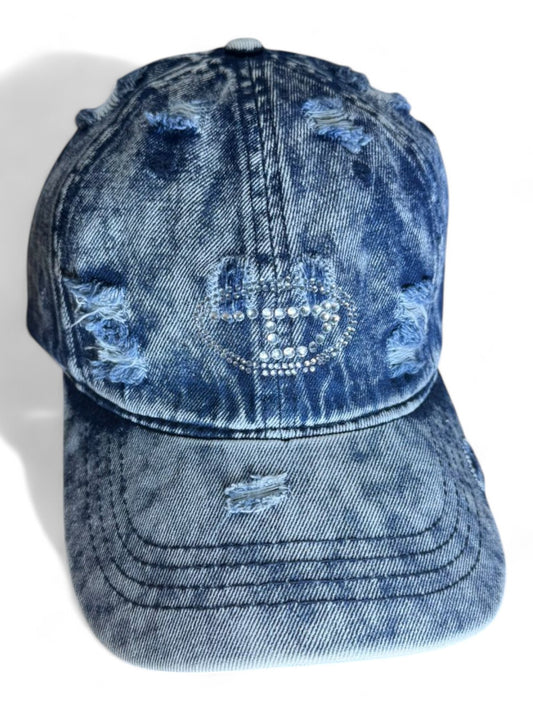 Distressed Denim Cap with Rhinestone Crown