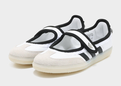 Adidas Samba Mary Jane white with black stripes and heart heel charms