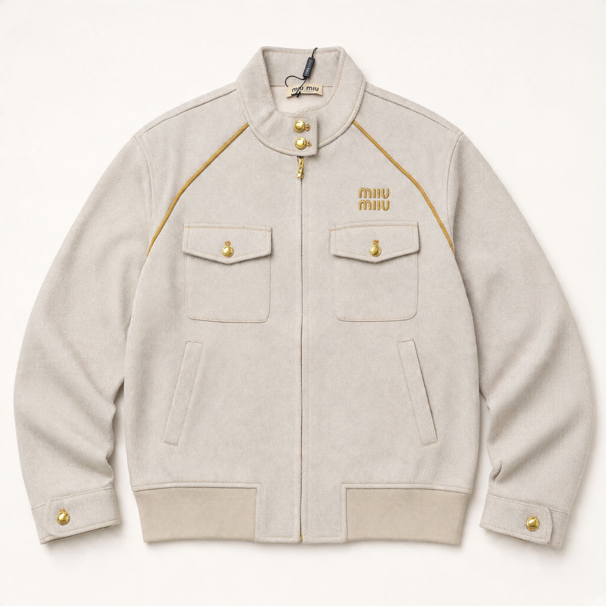 Miu Miu sand beige bomber jacket with gold piping and buttons, front view