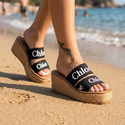 Black Chloé logo double-strap espadrille wedge sandals with braided platform