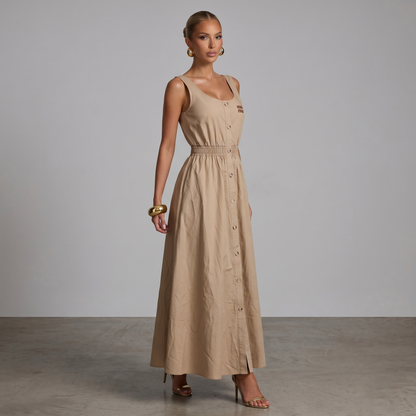 🤎 Miu Miu Sleeveless Cotton Midi Dress – Sand Beige ✨
