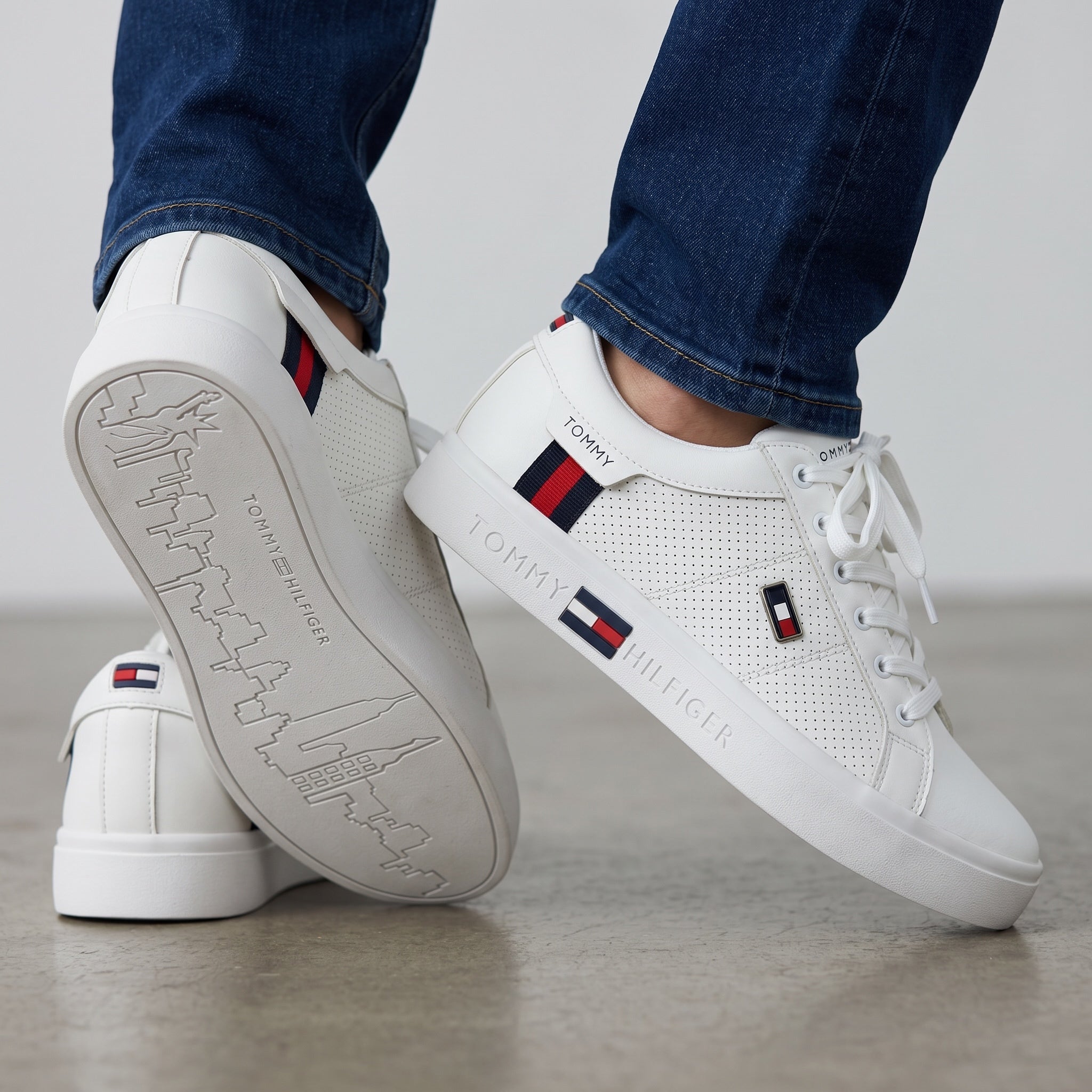 Tommy Hilfiger white perforated low-top sneakers with flag details