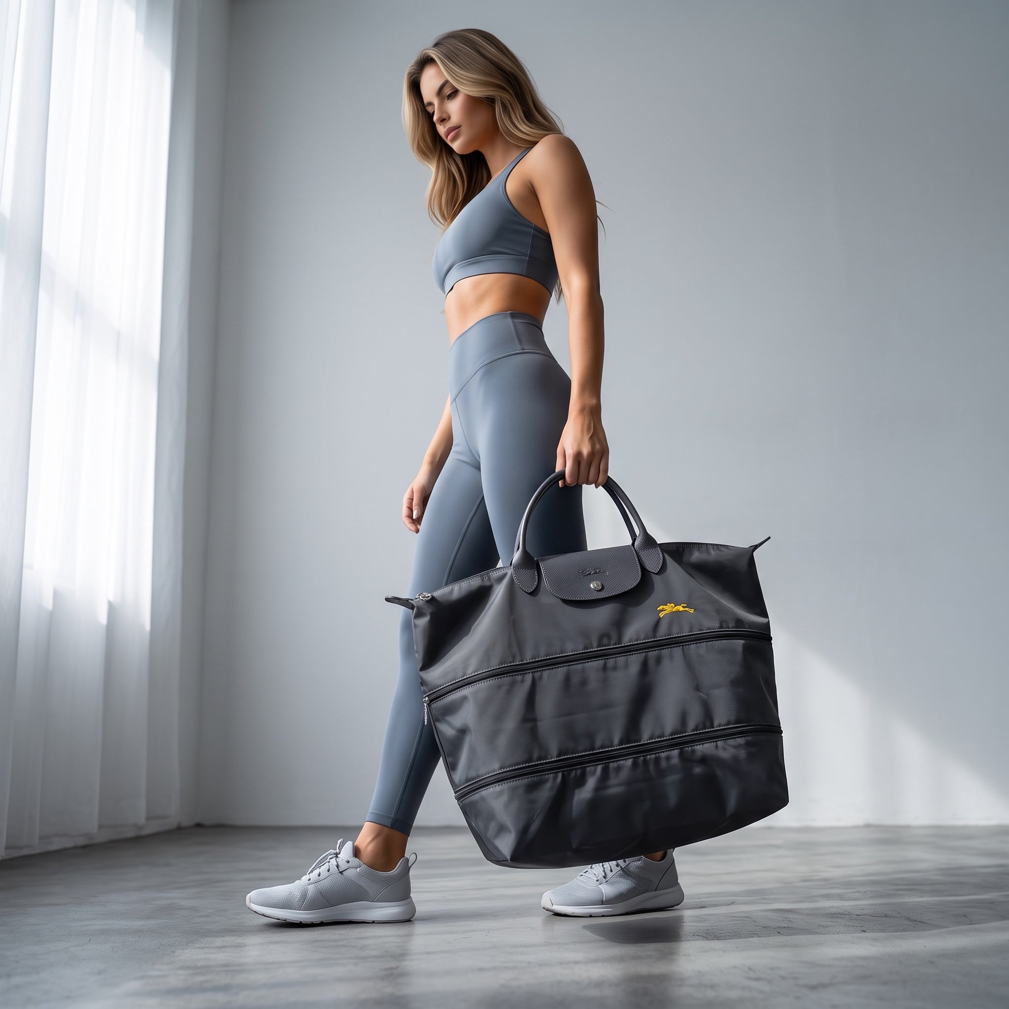 Charcoal Longchamp Le Pliage large travel tote with leather flap and handles