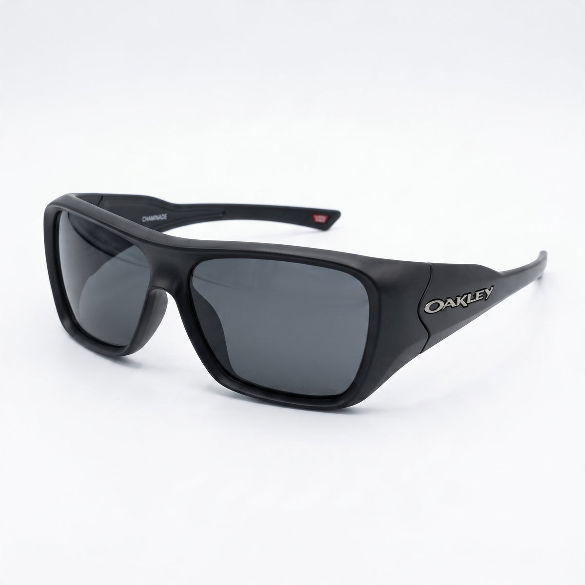 Oakley matte black wraparound sunglasses with dark smoke lenses