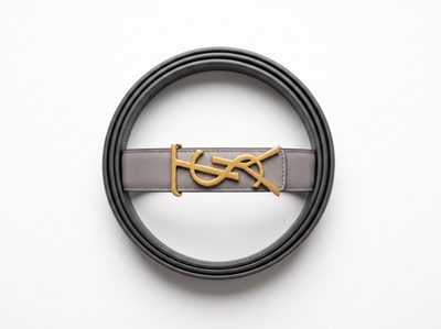✨ Yves Saint Laurent Grey Leather Belt with Gold Logo Buckle 110 cm