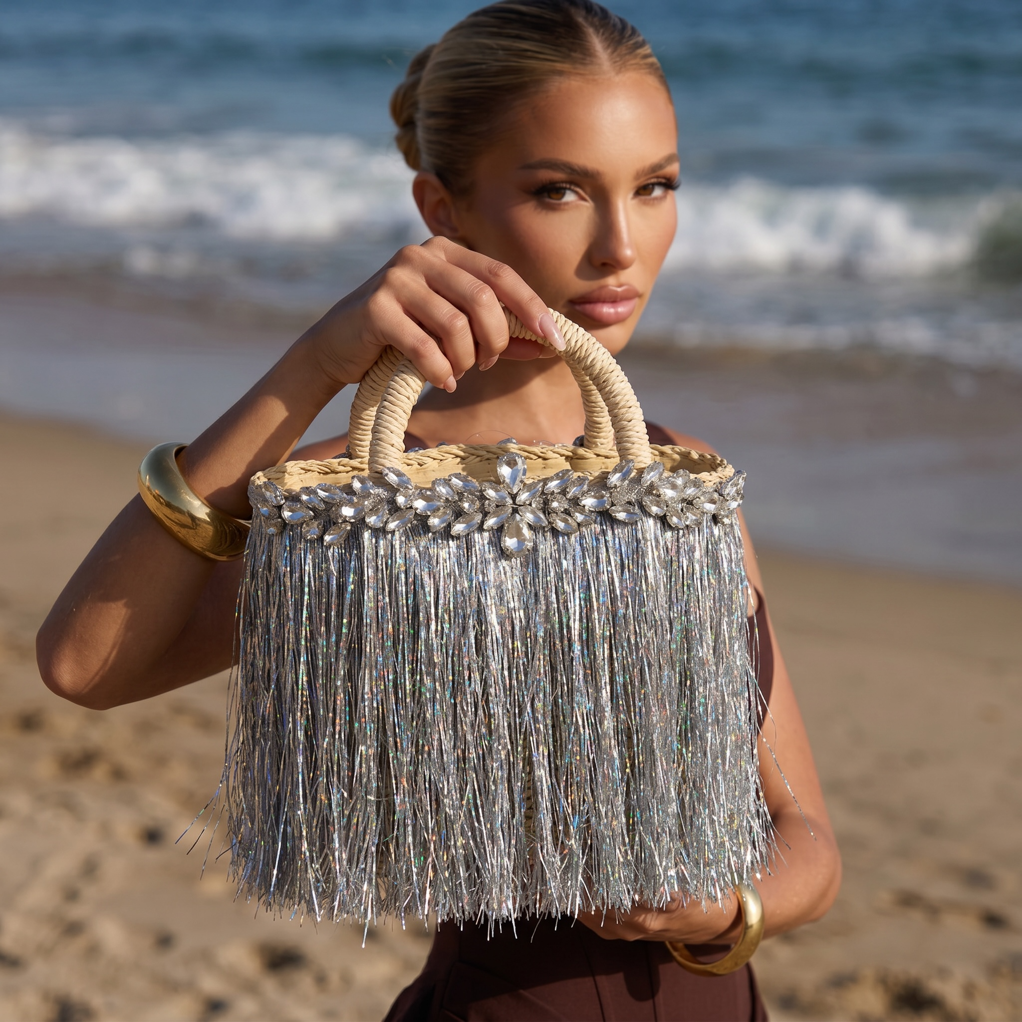 Crystal Fringe Beach Tote Bag ✨🤍🏖️