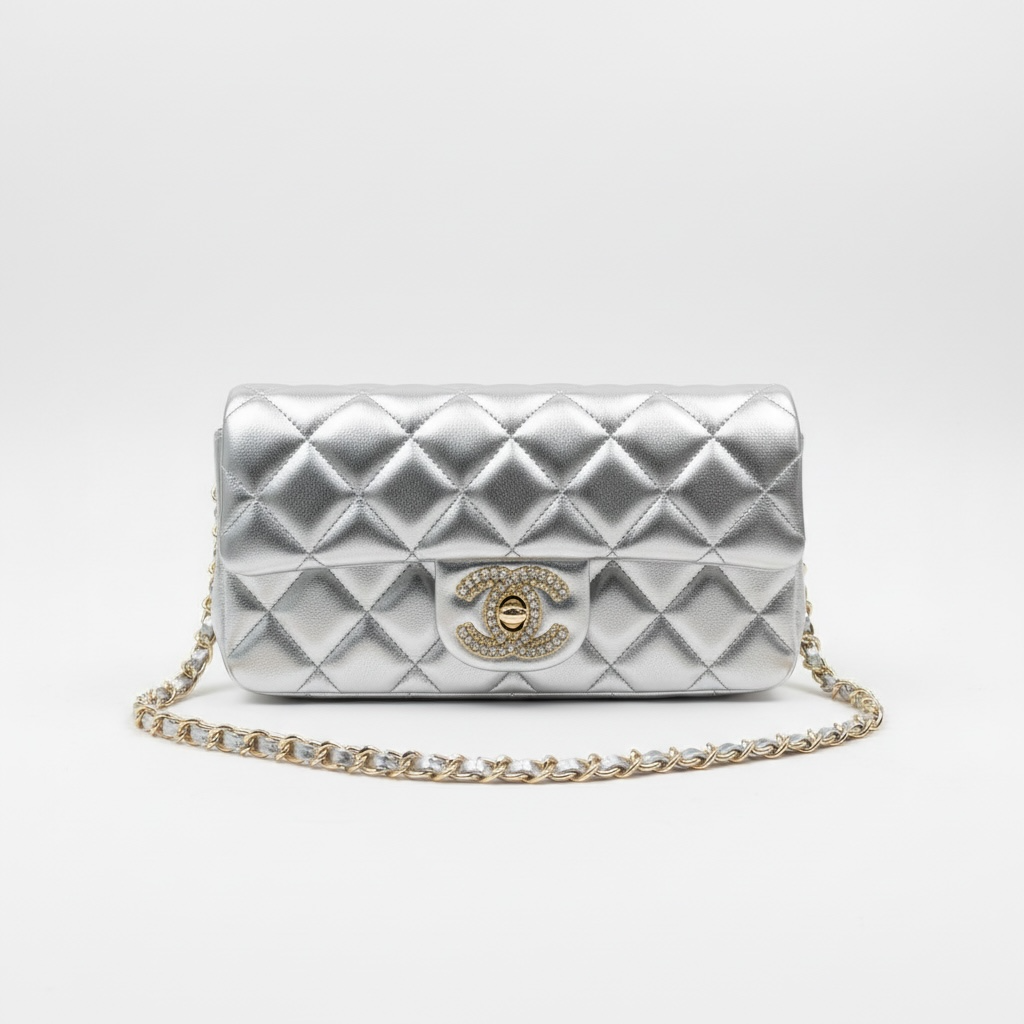 ✨ Chanel Silver Quilted Chain Bag – Crystal CC Metallic Shoulder Bag