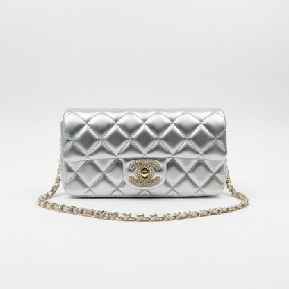 ✨ Chanel Silver Quilted Chain Bag – Crystal CC Metallic Shoulder Bag