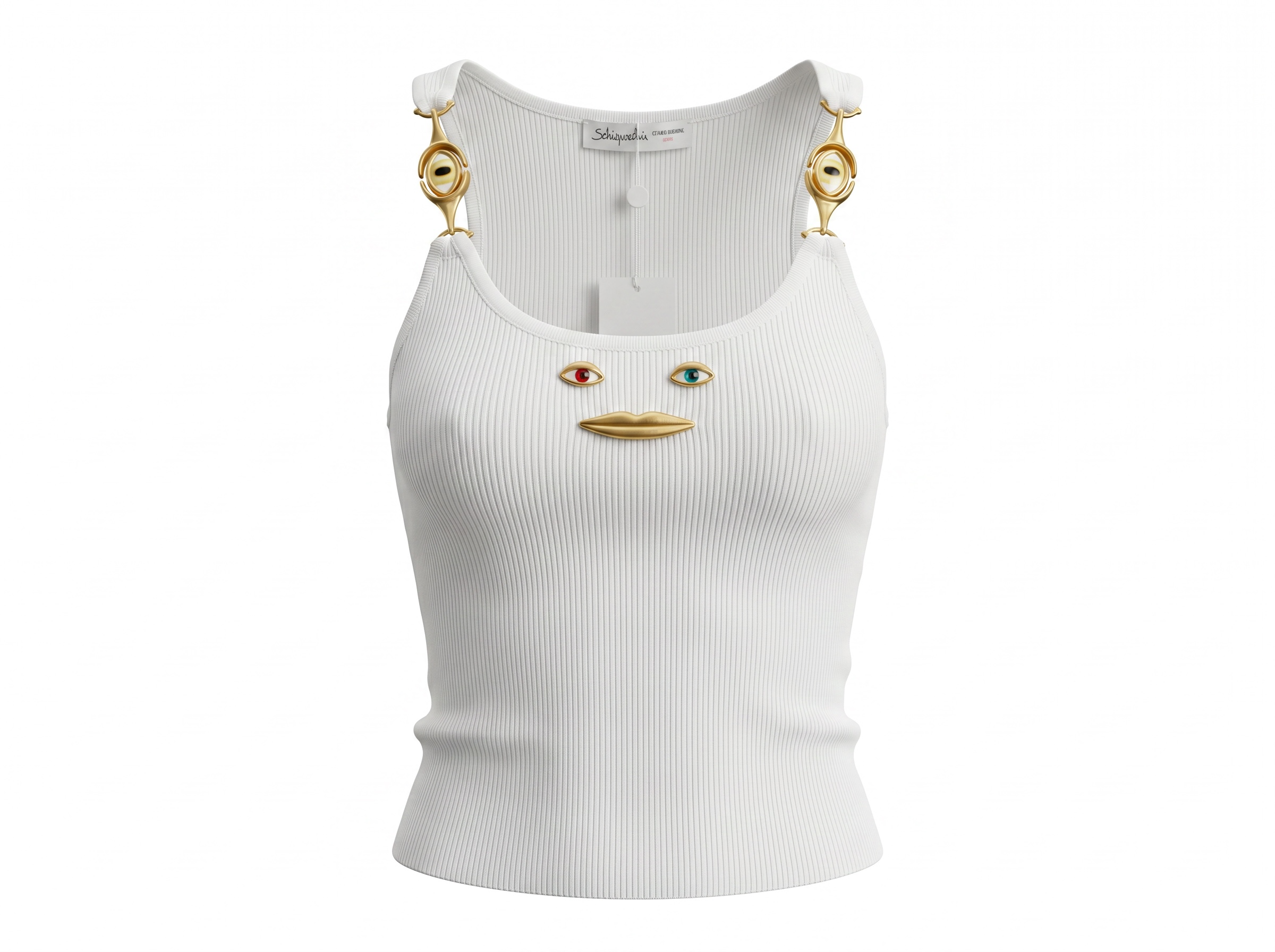 🤍 Schiaparelli Trompe L’Œil Face Ribbed Knit Tank Top – White one size