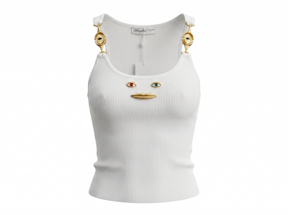 🤍 Schiaparelli Trompe L’Œil Face Ribbed Knit Tank Top – White one size