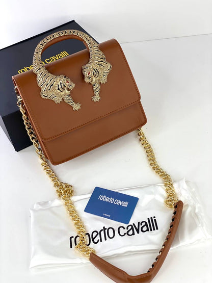 Roberto Cavalli Designer Handbag with Gold Tiger Handle