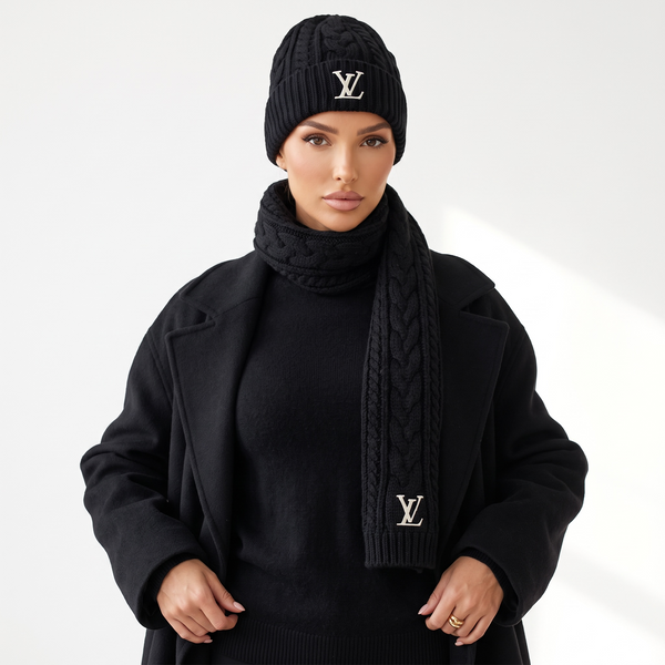 🖤 Louis Vuitton Black Winter Knit Set – Beanie & Scarf Iconic Luxury ❄️