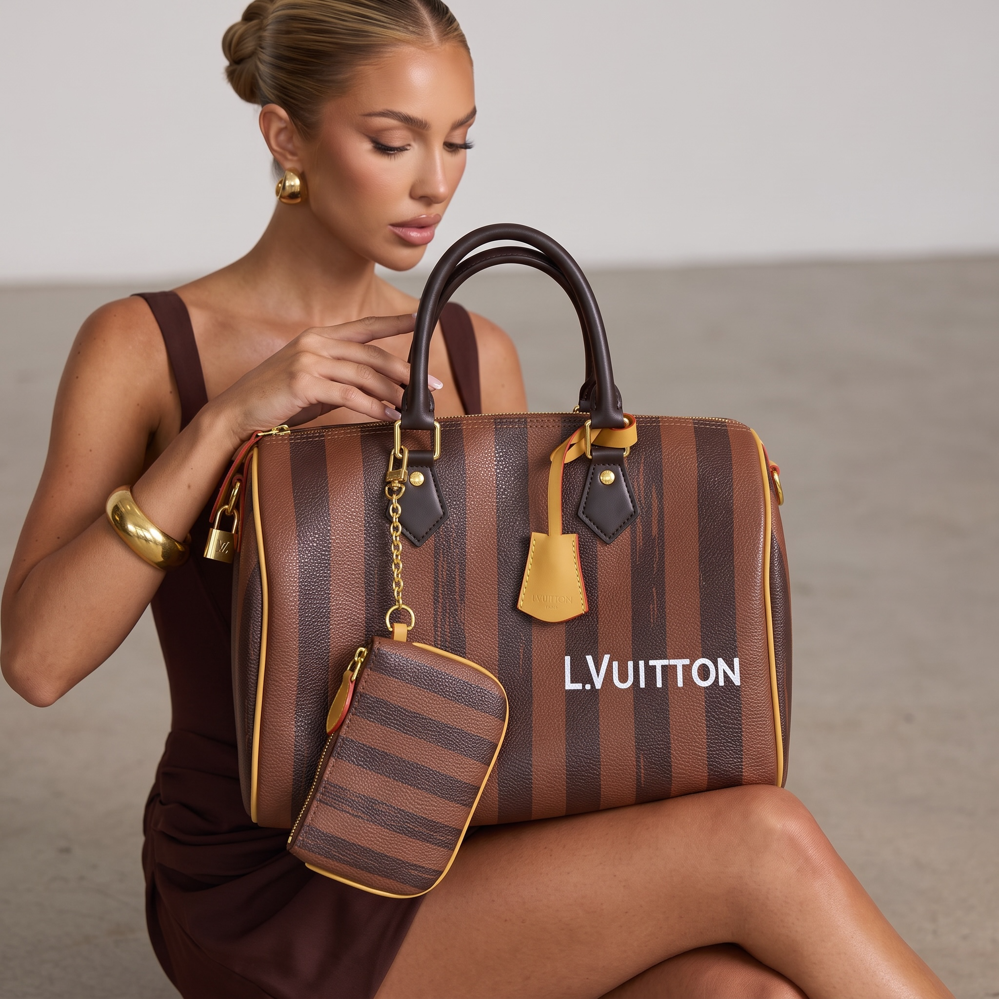 Louis Vuitton Brown Striped Speedy Handbag with Matching Pouch