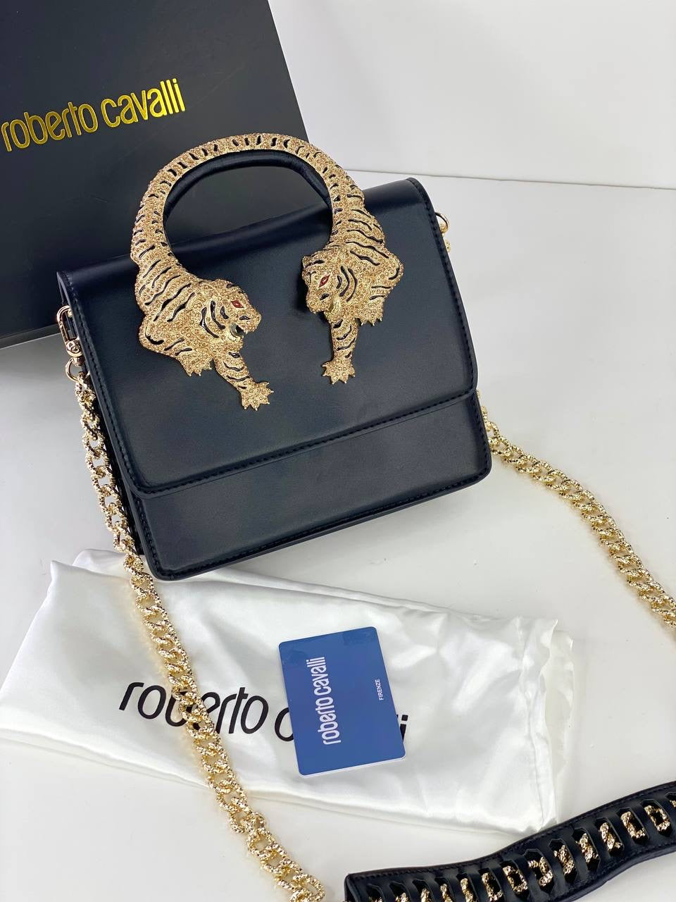 Roberto Cavalli Designer Handbag with Gold Tiger Handle