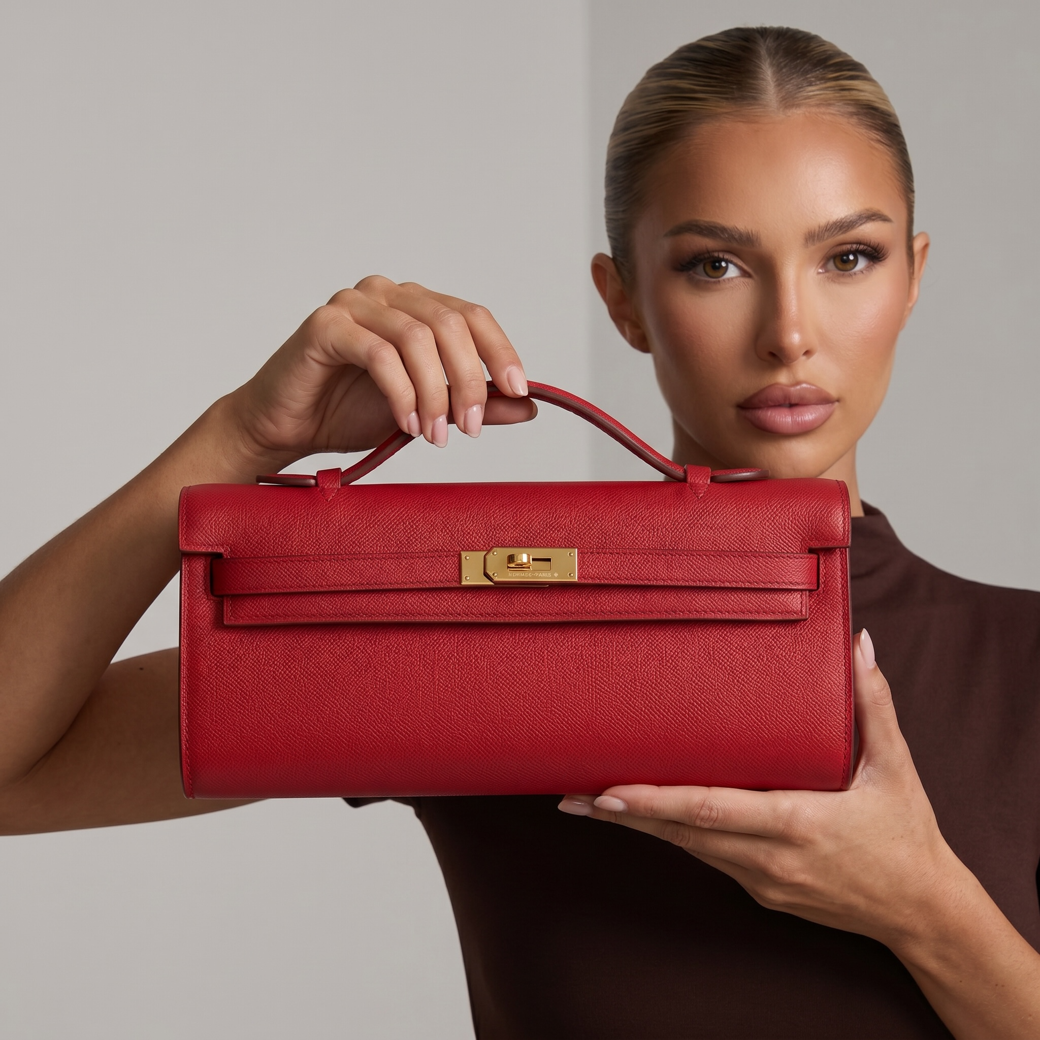 🔴 Hermès Red Leather Kelly Style Clutch
