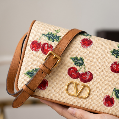 🍒 Valentino Cherry Embroidered Shoulder Bag – Ivory & Tan