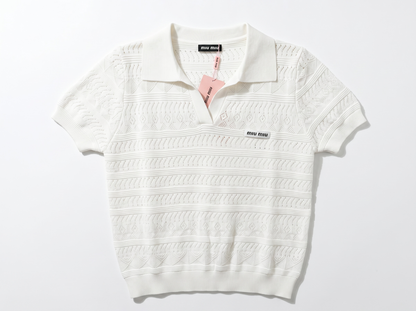 ✨ Miu Miu Openwork Knit Polo Top – White (one size)