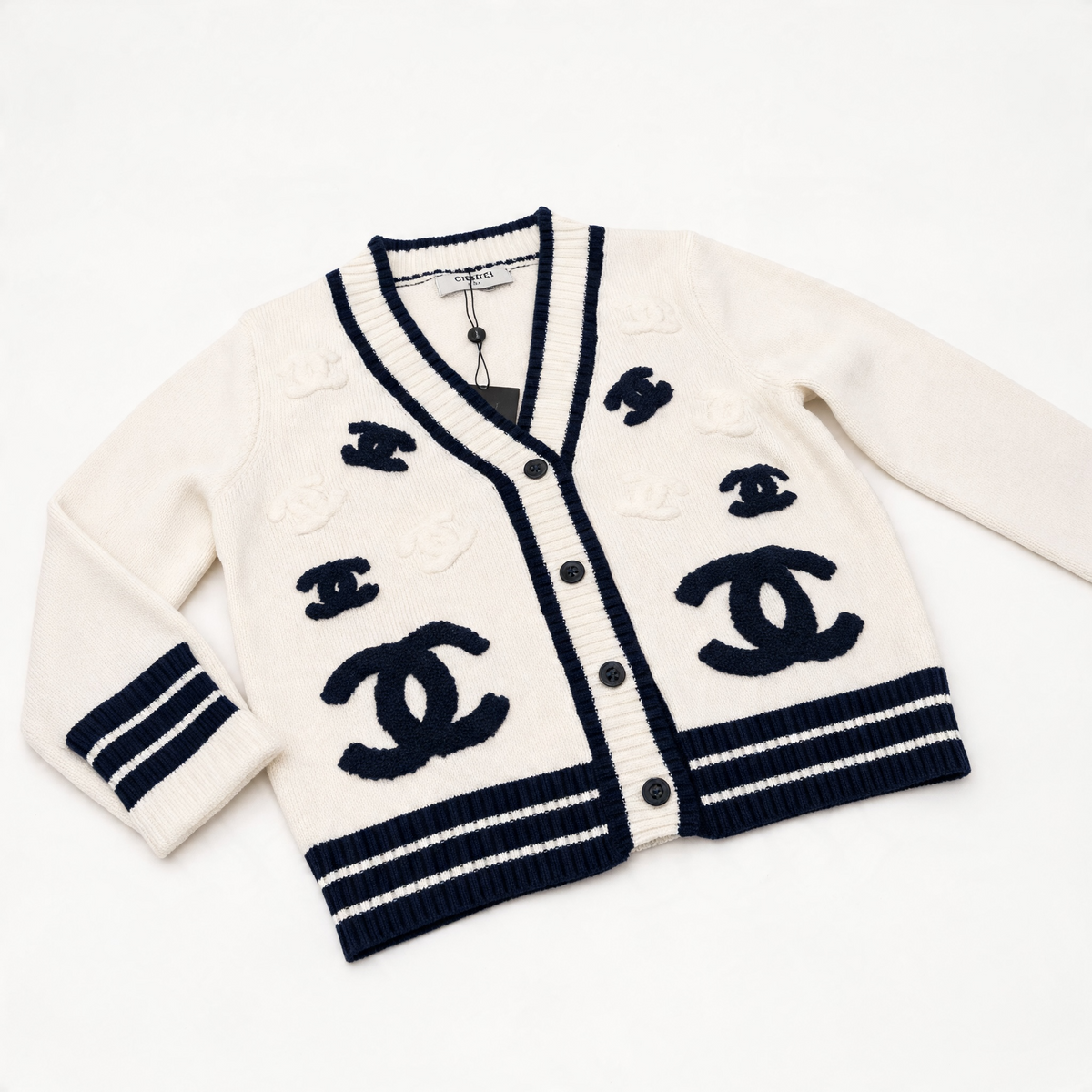 Chanel Cardigan – Cream & Navy Logo V‑Neck