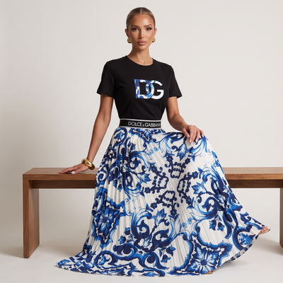 🖤💙 Dolce & Gabbana Majolica T-Shirt & Pleated Maxi Skirt Set |