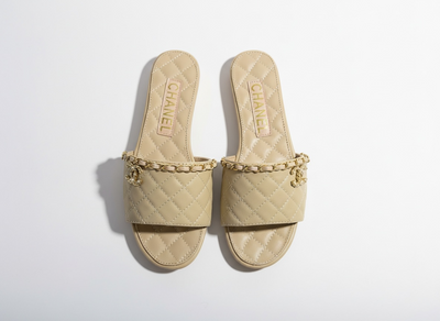 CHANEL Quilted Chain Slides – Beige 🤍✨ | Classic Luxury Comfort