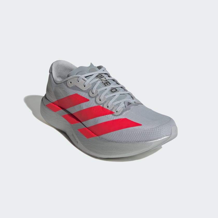 silver adidas adizero running shoe with solar red three stripes