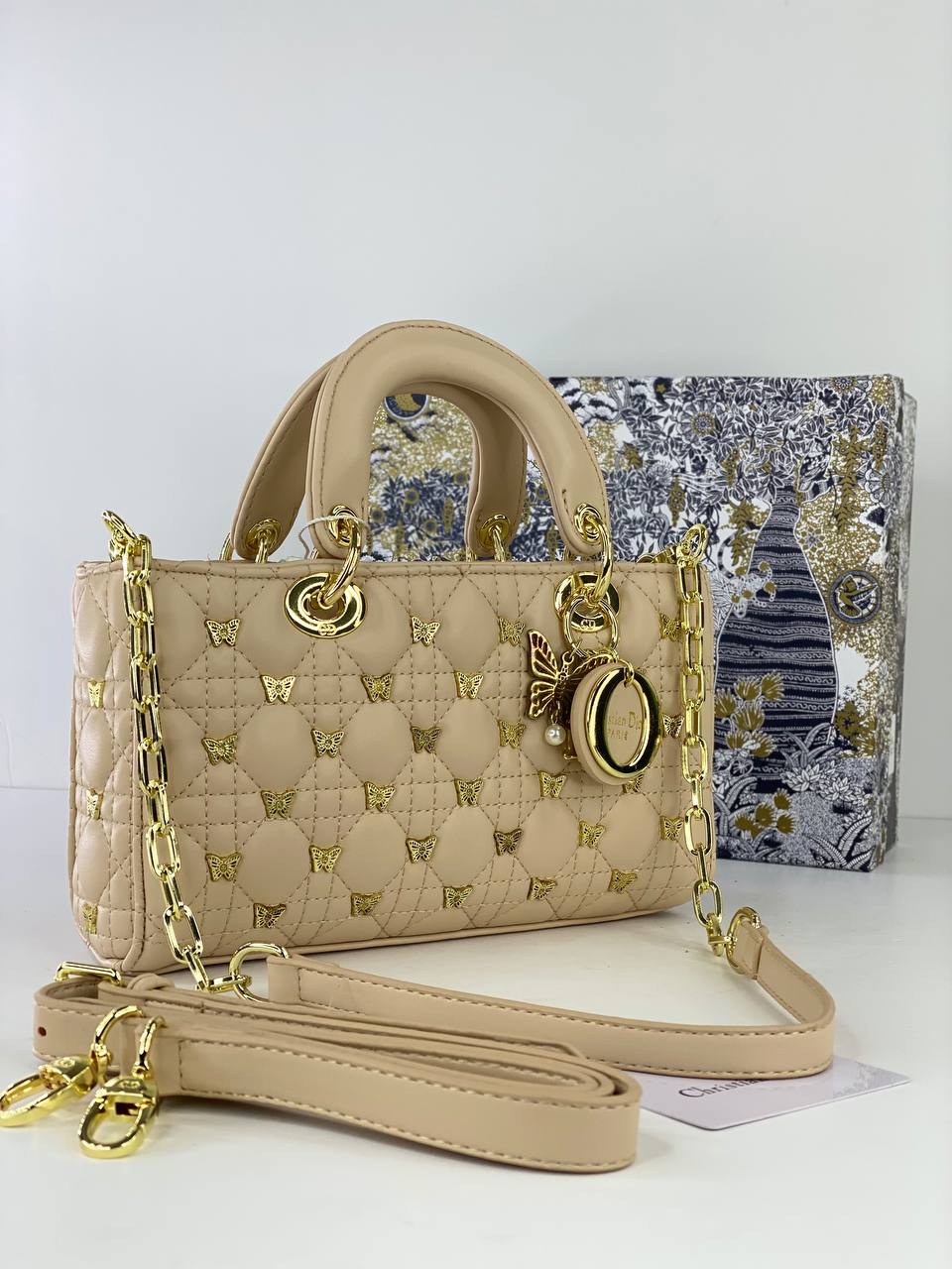 Dior Lady Dior Long Bag with Gold Butterfly Studs