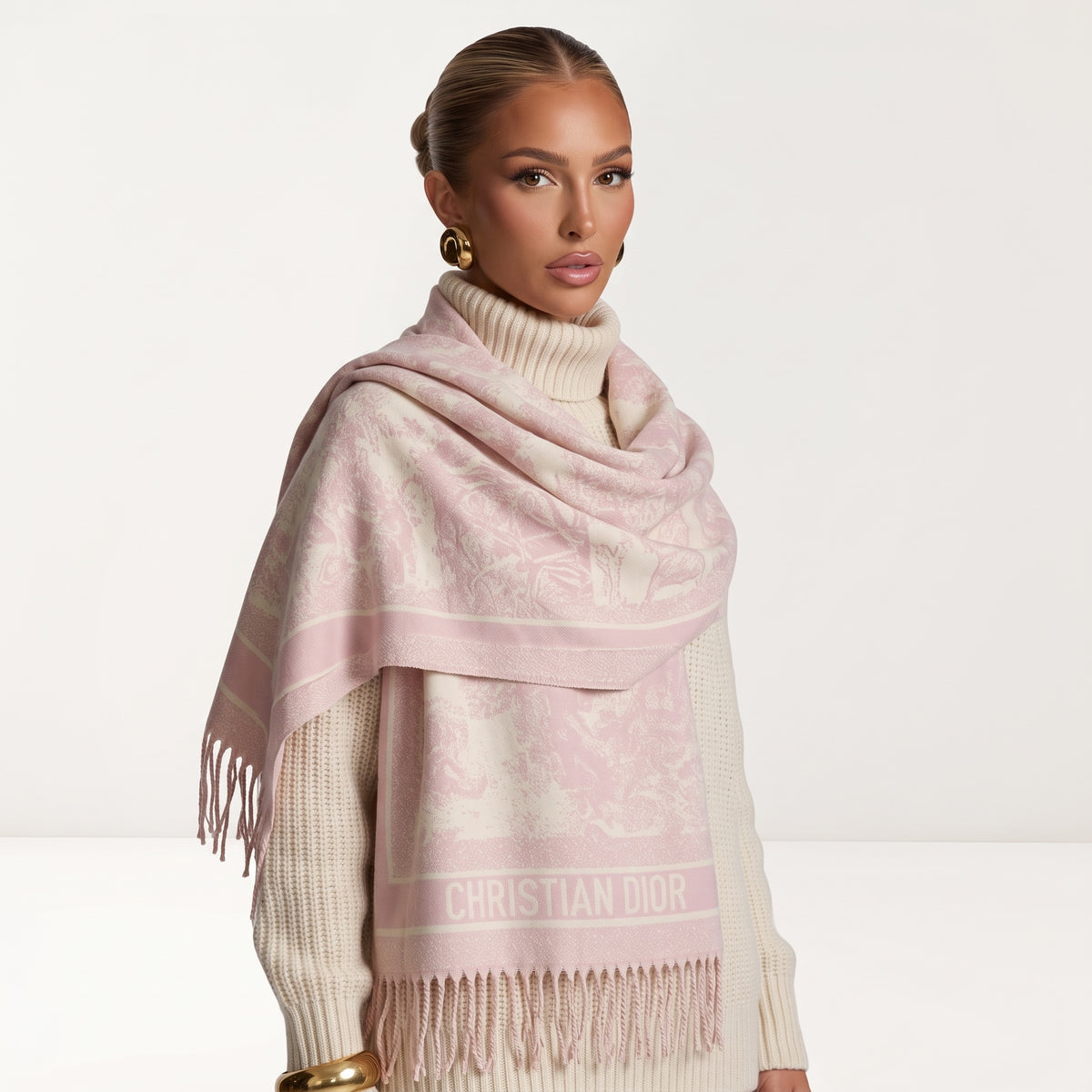 Christian Dior pale pink jacquard scarf with logo band and fringe draped over shoulder