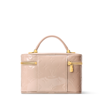Louis Vuitton pale pink patent monogram vanity bag with top handle and gold lock