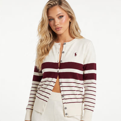 Ralph Lauren cream cardigan with burgundy stripes and embroidered pony logo