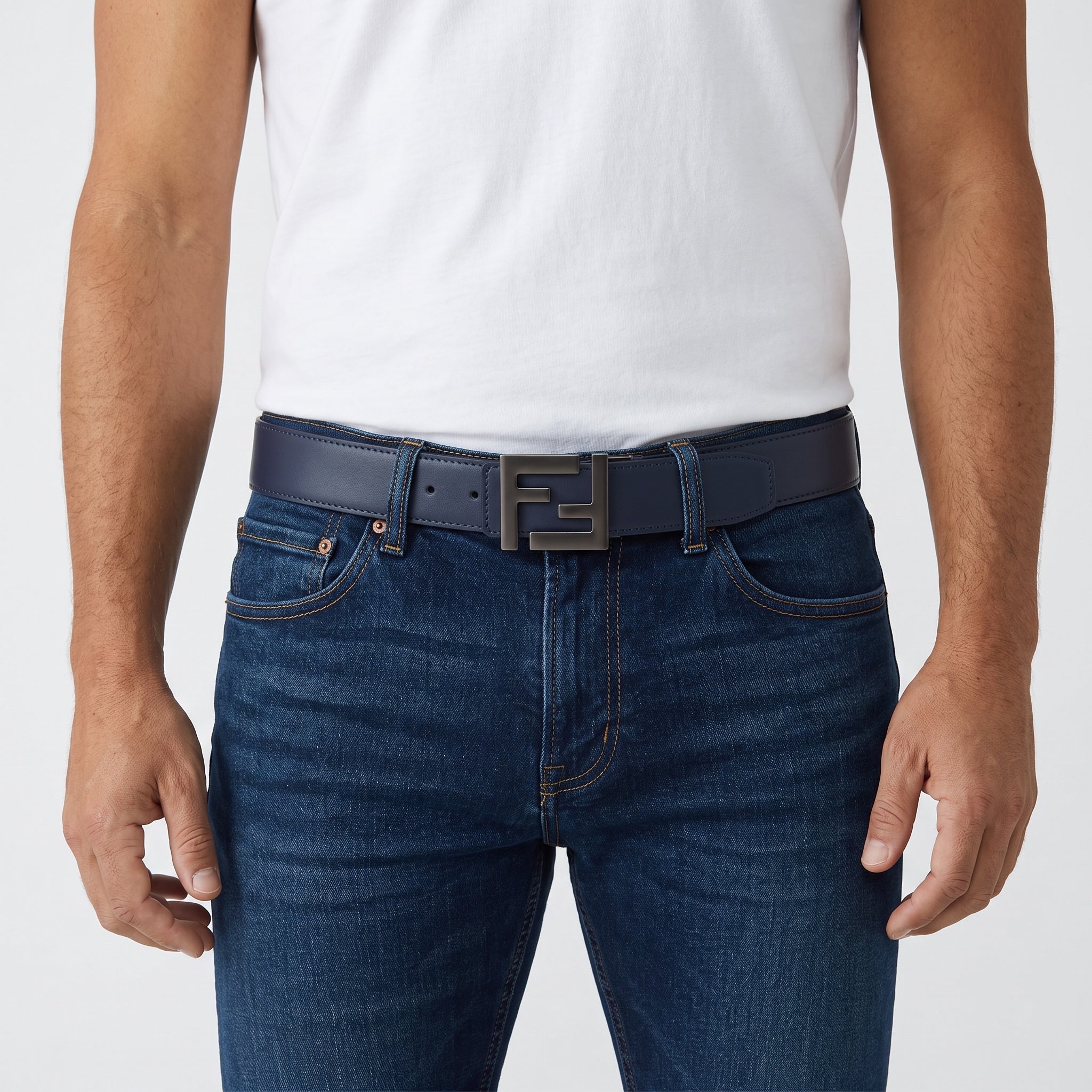 navy belt with Fendi FF buckle worn with jeans