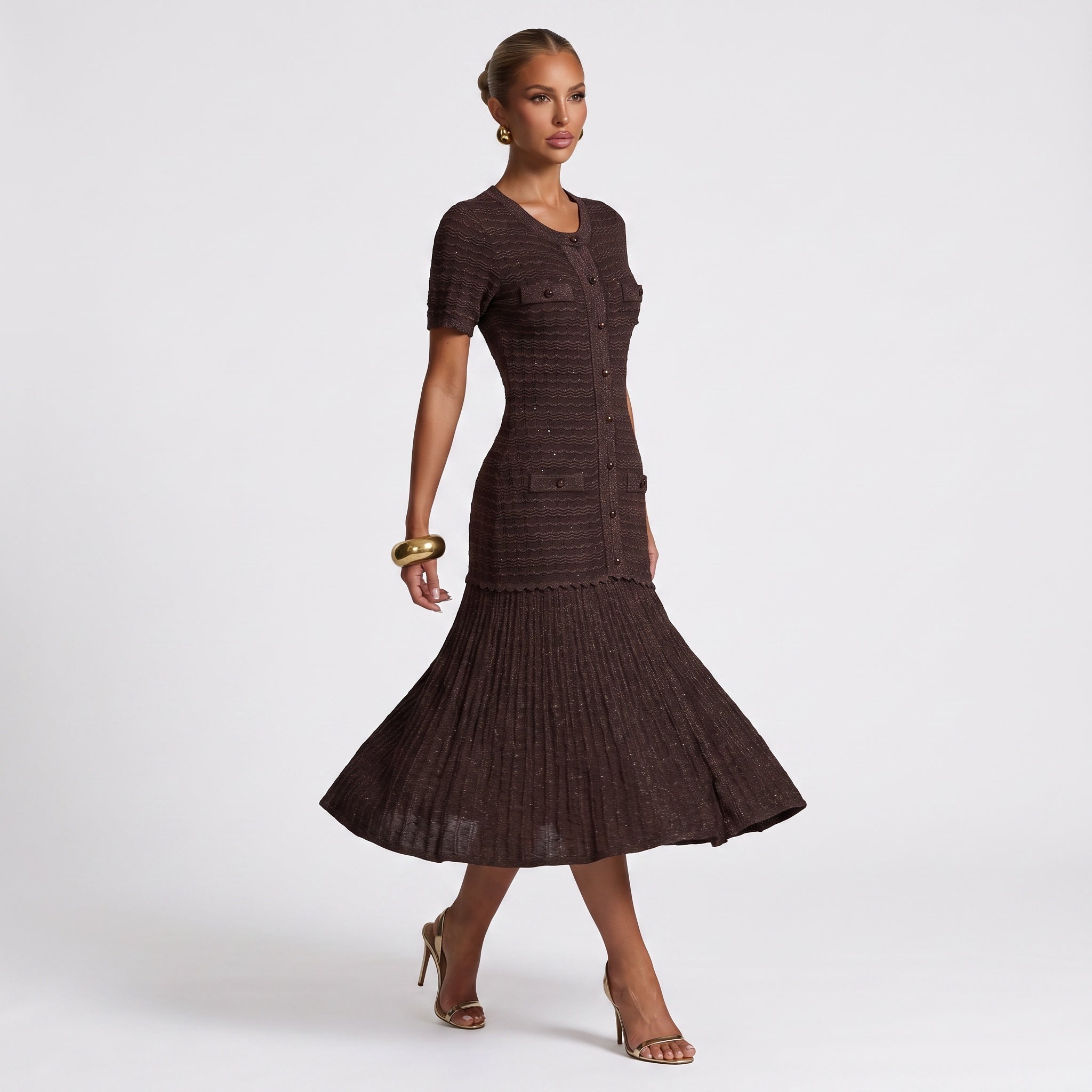 chocolate brown knit cardigan-style midi dress with pleated skirt and patch pockets